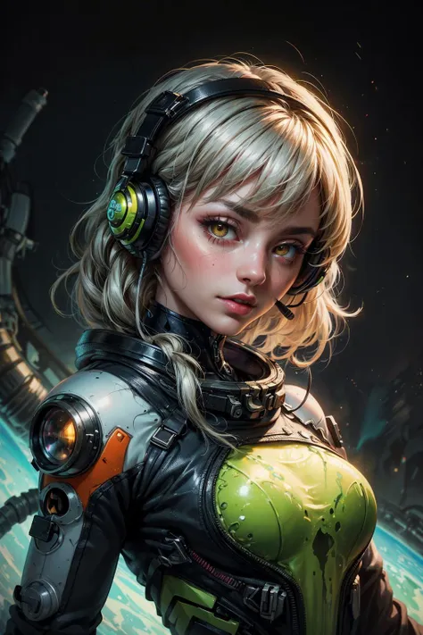 a woman in a futuristic suit with headphones and a gas mask