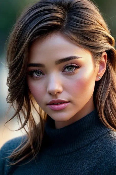 a close up of a woman with long hair and a turtle neck sweater