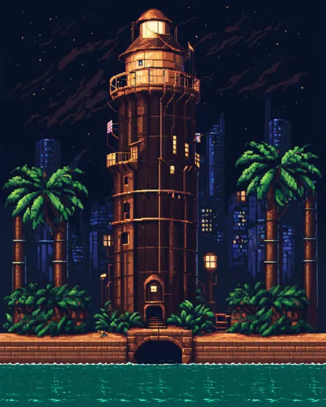 pixel-art wide angle of a Green and Brown (Water tower:1.2) , made by Facebook, near beach, foliage, at Nighttime, glittering, <lora:16-bit_pixel_backgrounds_v2:1> apxlz . low-res, blocky, pixel art style, 8-bit graphics