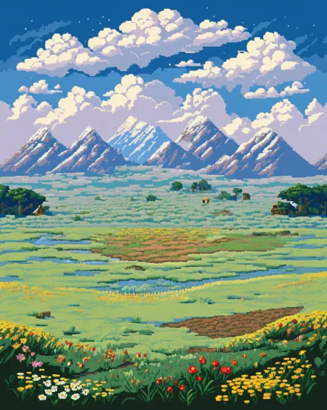 pixel-art landscape of a (Botswana:1.1) , flower field, Snowing, detailed, masterpiece, Nostalgic lighting, <lora:16-bit_pixel_backgrounds_v2:1> apxlz . low-res, blocky, pixel art style, 8-bit graphics