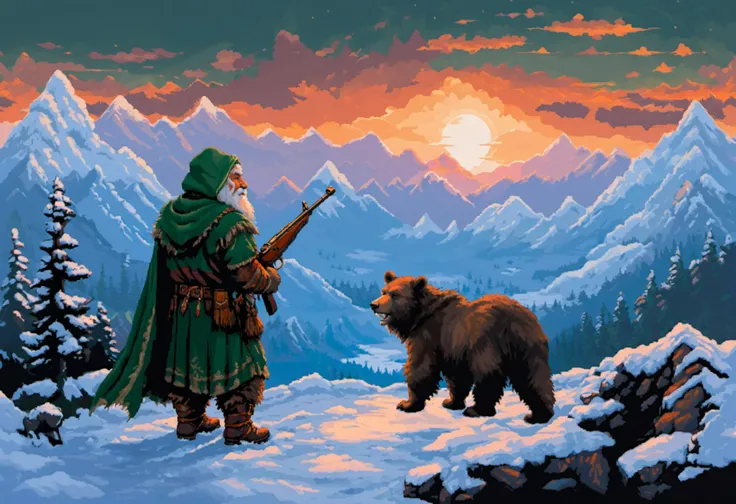 old dwarf overlooking a snowy mountains, short dwarf, white long beard, carrying a rifle, back turned, green hood and cloak, fur, pet grizzly bear, majestic winter scenery, sunset, <lora:16-bit_pixel_backgrounds_v2:1>