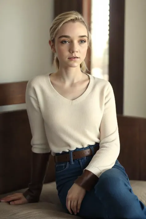 a woman sitting on a bed in a white sweater and blue jeans