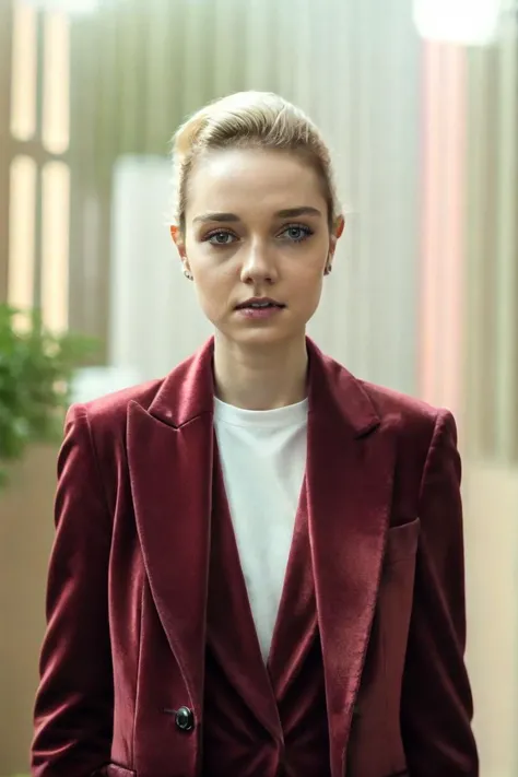 a profesional photo of  1 girl ,  <lora:Julia_Sarah_Stone_v2:0.7>  blonde hair, delicate face, slender body, big eyes, young girl, woman, small breasts, wearing  velvet blazer, white shirt, and black dress pants  in Asscher cut diamond color,   walking tow...