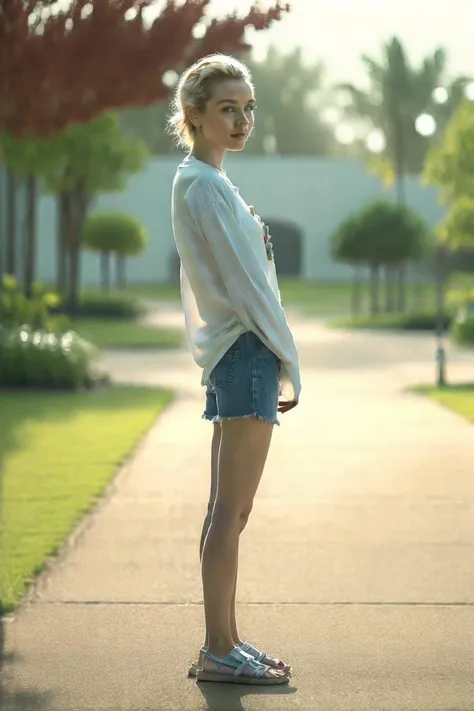 arafed woman standing on a sidewalk in a white shirt and blue shorts