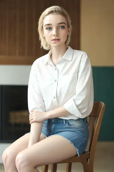 a woman sitting on a chair in a white shirt and denim shorts