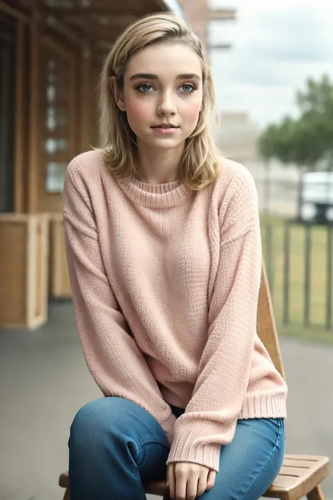 a profesional photo of  1 girl ,  <lora:Julia_Sarah_Stone_v2:0.7>  blonde hair, delicate face, slender body, big eyes, young girl, woman, small breasts, wearing  Chunky cable-knit Aran sweater paired with distressed skinny jeans and ankle boots  in Neons (...