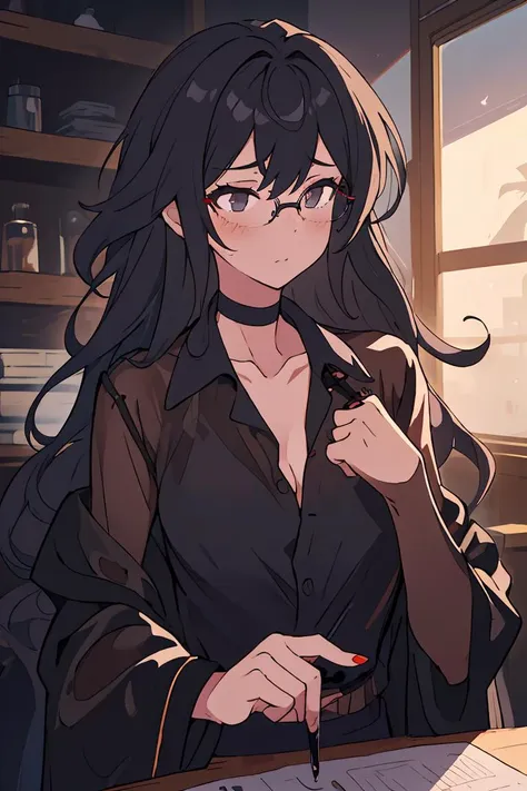 anime girl with long black hair sitting at a desk with a pen