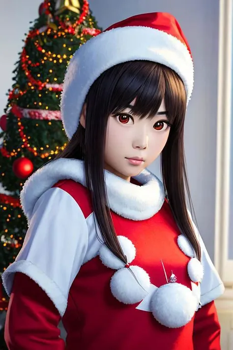 beautiful asian girl in santa claus suit with white ornament in front of christmas tree, in the style of #vfxfriday, imitated material, photobash, gongbi, babycore, red and blue, angura kei --ar 75:74 --niji 5