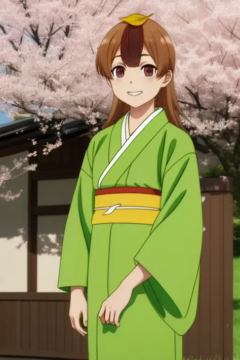 a young girl, (<lora:Mameda V1>:0.8), Daikokutei Mameda, (green leaf on head), cherry trees blooming in the background, standing, sunny, cowboy shot, smirk, wearing a kimono, long hair