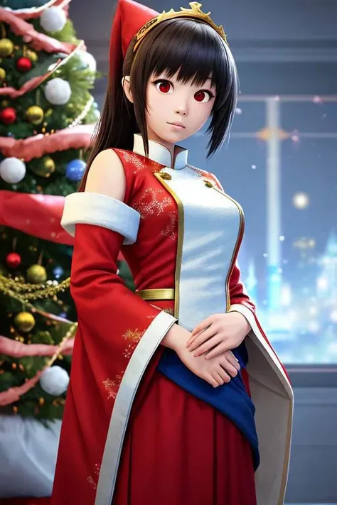 beautiful asian girl in santa claus suit with white ornament in front of christmas tree, in the style of #vfxfriday, imitated material, photobash, gongbi, babycore, red and blue, angura kei --ar 75:74 --niji 5