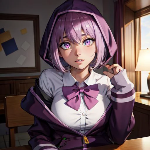 akaneshinjou, <lora:akaneshinjou:1>, shinjou akane, light purple hair, (pink eyes:1.2), short hair,black pantyhose, bow, collared shirt, hood, hooded jacket, jacket, open clothes, open jacket, open shirt, pantyhose, purple bow, purple jacket, school unifor...