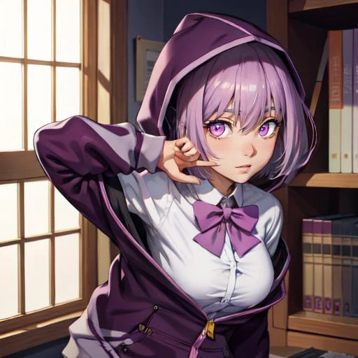 akaneshinjou, <lora:akaneshinjou:1>, shinjou akane, light purple hair, (pink eyes:1.2), short hair,black pantyhose, bow, collared shirt, hood, hooded jacket, jacket, open clothes, open jacket, open shirt, pantyhose, purple bow, purple jacket, school unifor...