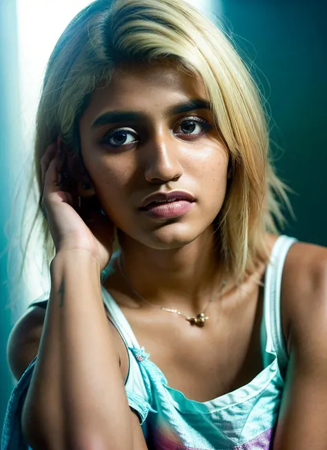 portrait of skswoman, shocked , wearing shorts , with light blonde Layered haircut , background cosmic epic (photo, studio lighting, hard light, sony a7, 50 mm, matte skin, pores, colors, hyperdetailed, hyperrealistic), <lyco:Priya Prakash Varrier:1.1>