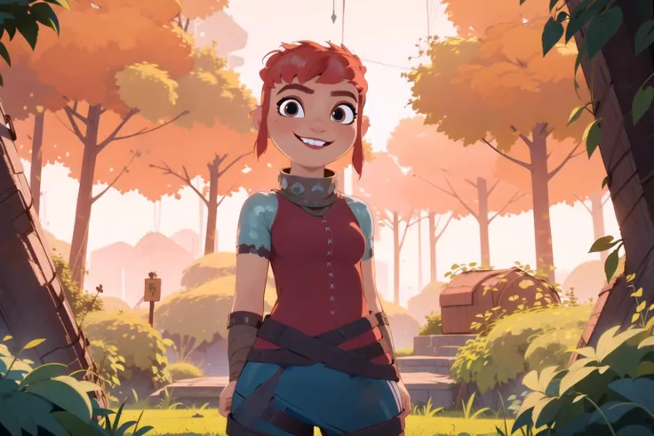 <lora:nimona:0.9> nimona, (best quality, masterpiece, nsfw, 1girl , smile ,solo,looking at viewer, red hair), Upper part of the body, from the waist up, sharp, inside a beautiful magical forest, warm colors, sunset, orange colors, large breast, cowboy shot...