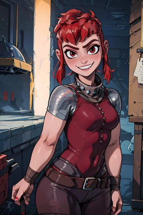 <lora:nimona:0.7> nimona, (best quality), masterpiece, , 1girl ,solo, looking at viewer, red hair, sharp teeth , sfw, smile,