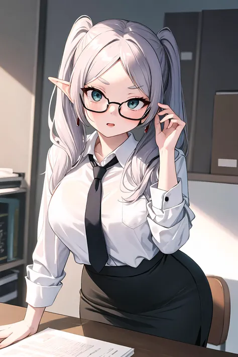 1girl, frieren, twintails, solo, office lady, white collared shirt, pencil skirt, pantyhose, glasses, glaring, looking at viewer, hand on eyewear, office, indoors, depth of field, masterpiece