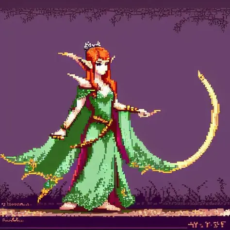 a woman in a green dress holding a sword and a crescent