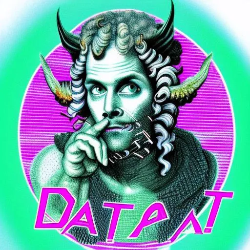 vaporwave drawing of (satan), text written over him