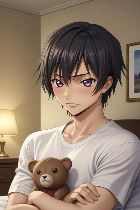 anime boy with black hair and purple eyes holding a teddy bear