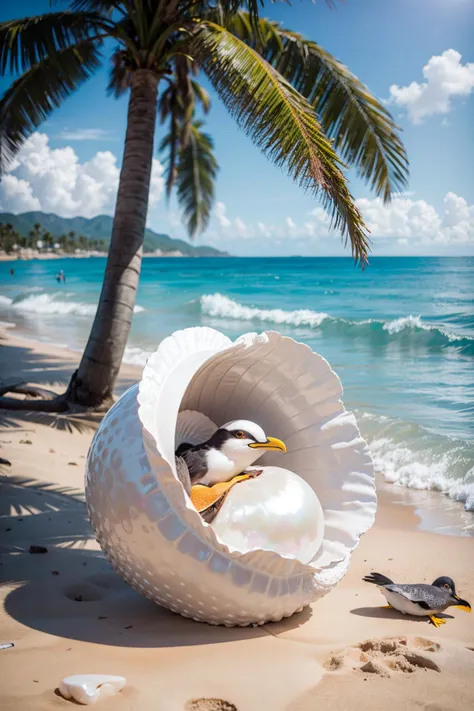 there is a bird that is sitting in a shell on the beach