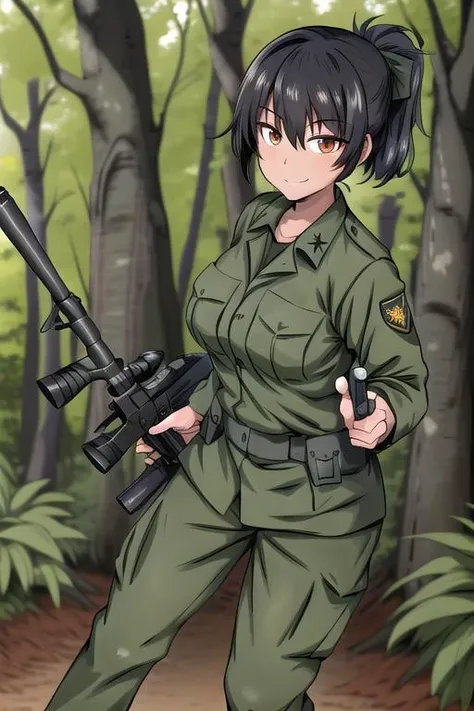 masterpiece, best quality,ultra detail, <lora:anmnr01:0.3>  <lora:add_detail:0.5>,<lora:GoodHands-vanilla:0.8>1girl,black ponytail, <lora:XinomVN:0.7>XinomVN,Military uniform,evil smile,fullbody,deep forest,sunlight filtering through the foliage,holding mi...