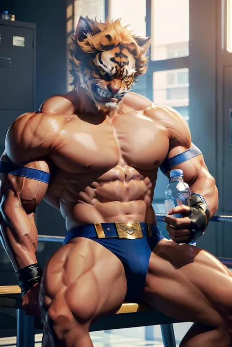 tiger, incineroar, felid, feline,red fur, red skin, red eyes, fangs, muscular, smiling, briefs, wrestling belt looking at viewer
sitting,inside a locker room, holding sports bottle,  <lora:IncineroarFRL22nO:1>, extremely detailed, fantasy, 8k