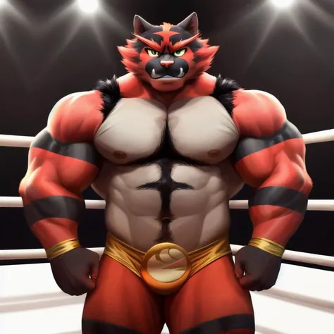 Incineroar, solo, (soft shading), (detailed face),(wrestler ring), (full body),muscular, muscular male, bara, looking at viewer,digital flat colors,4k, hi res, <lora:IncineroarFRL22nO:1>