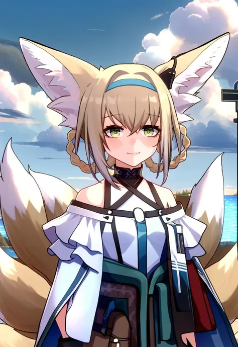 1girl, animal ear fluff, animal ears, bare shoulders, black gloves, blonde hair, blue hairband, braid, brown background, fox, fox ears, fox girl, fox tail, gloves, green eyes, hair rings, hairband, kitsune, o-ring, orb, shirt, single glove, smile, solo, ta...