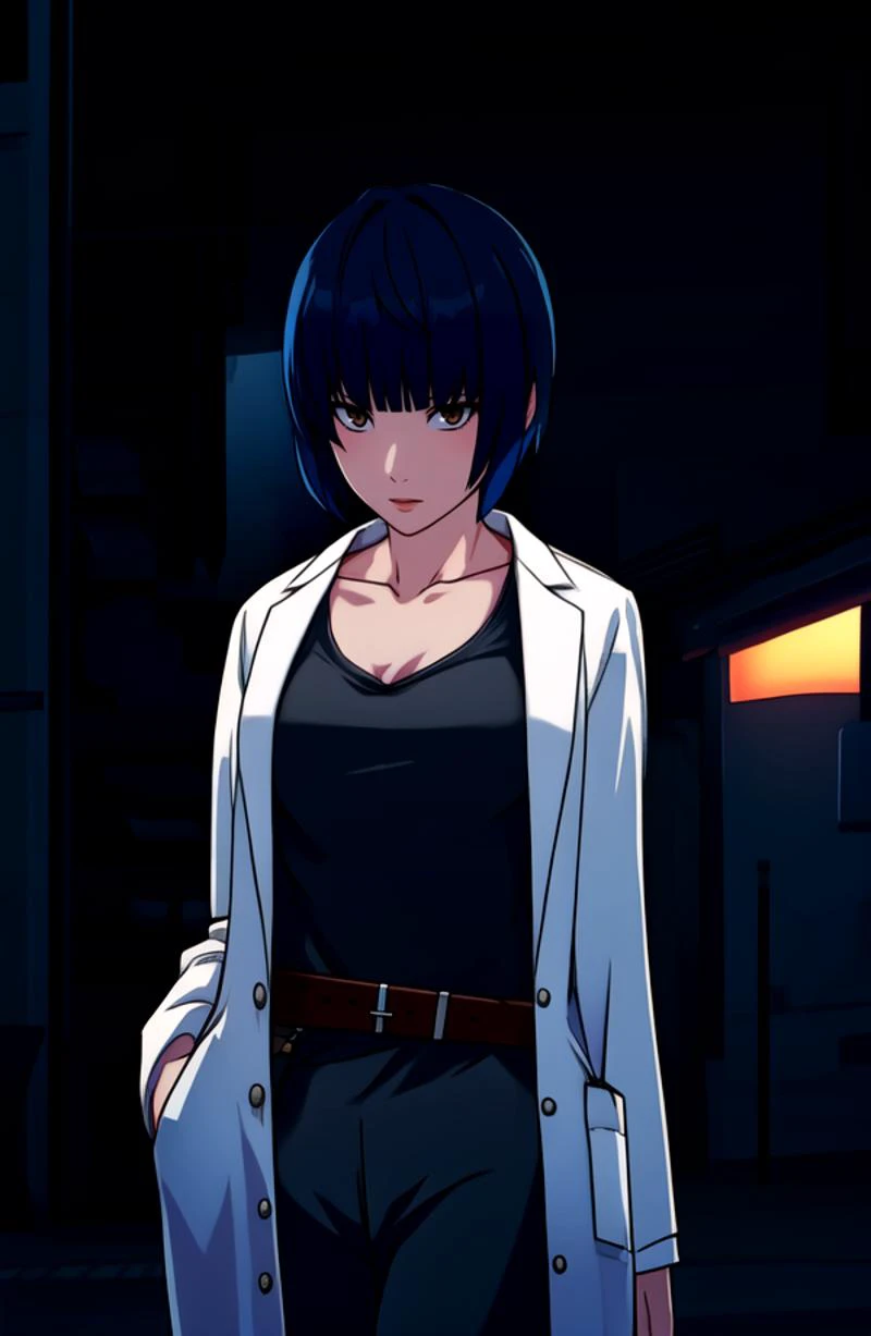 <lora:HonkaiSR-000005:0.8>, <lora:TakemiTae:0.8> 
takemi tae, black hair, bowl cut, brown eyes, outdoors, street, ((labcoat)), looking at viewer, ((cowboy shot)), medium breasts, cleavage, belt,  
(masterpiece, top quality, best quality, official art, beau...