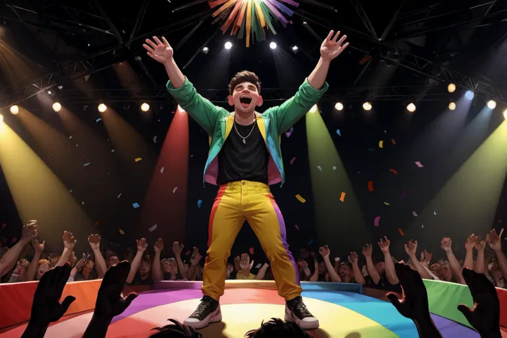 Focus on Several young men on stage, boy band, dancing, singing, on stage in front of a large crowd, gay pride, musical, concert, rainbow streamers, rainbow confetti, celebratory atmosphere,