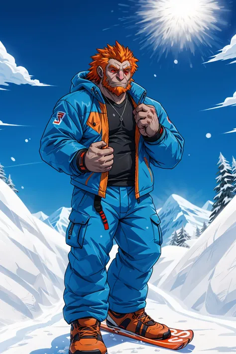 (surtr),(scar across eye),Skiing alone on a lonely snowy mountain in a heavy ski suit,Double snowboarding,holding a snowball in both hands,windswept,(snowboards, snowball),(full body),Best quality,masterpiece,4k,8k,highly detailed,detailed face,anime,outdo...