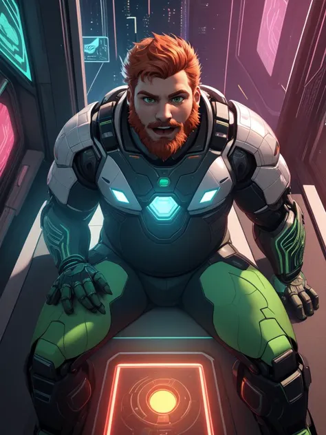 handsome, solo, 30yo, ginger fluffy hair, green eyes, beard, sunset, sitting, chubby, ((futuristic, cyberpunk, modern, lights, LED, intricate details, holo, hologram)), shouting, robots, cyborgs, from above