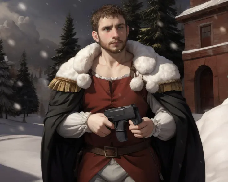 ((renaissance oil painting, Caravaggio))
snow falling on a man holding a handgun