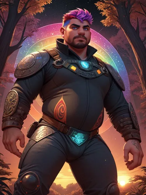 (((solo))), chubby, colored hair, stubble, futuristic outfit, from front,from below tattoo, magical forest, light particles, huge rainbow crystals, dnd, sunset, gay decoration, detailed, intricate details, , good anatomy, grumpy, dynamic