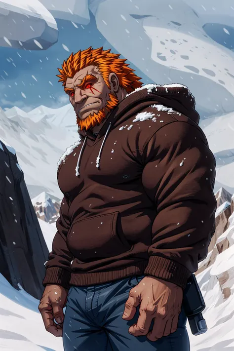 (surtr),(scar across eye),A man in a heavy jumper climbing a towering snow-covered mountain,bad weather,harsh wind and snow,(upper body),Best quality,masterpiece,4k,8k,highly detailed,detailed face,anime,outdoor,<lora:n3-surtr-000006:0.8>,orange hair,red e...