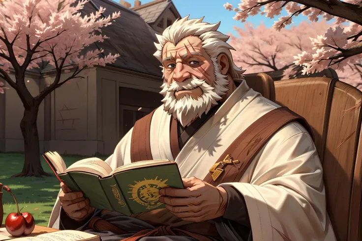 (human),(reinhardt),(scar across eye,scar  on face,blind:1.2),A kindly old man was sitting under a cherry tree reading a book,priests robe,(full body),Best quality,masterpiece,4k,8k,highly detailed,detailed face,<lora:reinhardt-000006:0.9>,face_focus,anime...