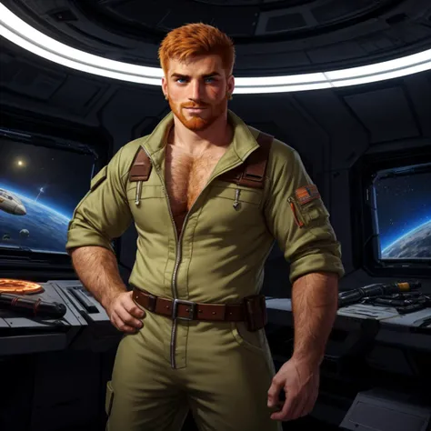 best quality, masterpiece, cinematic compostition, solo, stubble, looking at viewer, spacecraft, science fiction, 1boy, pose, ginger hair,  fair skin, scar through eyebrow, stud earrings, smirk, dynamic pose, jumpsuit, tool belt, hairy,