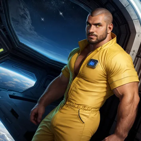 (intricate details, Masterpiece, high quality, best quality), solo, nude, beard, looking at viewer, muscles, pose, handsome, taut jumpsuit, science-fiction, angular face, squared jaw, fair skin, sci-fi, yellow eyes, buzz cut, spaceship, vibrant colors, dyn...