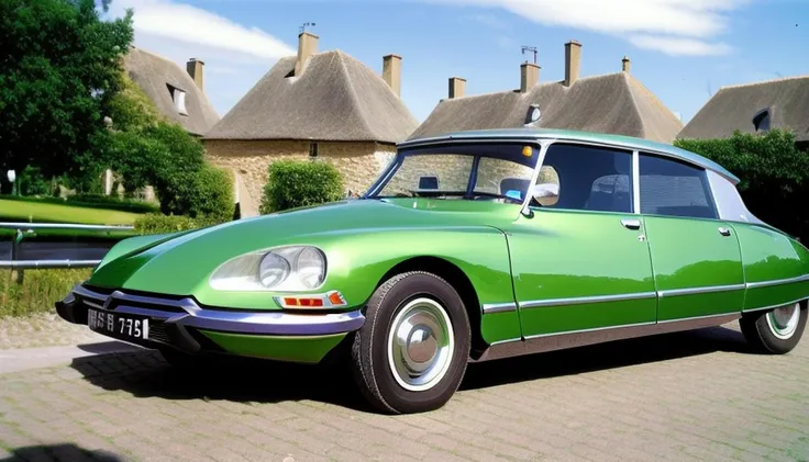 lime green citroen, small french village, city center, period correct, 1976, award winning photo, film grain, people looking at citroen