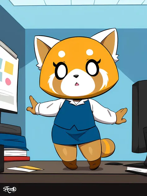 cartoon of a red panda in a blue dress standing in front of a computer