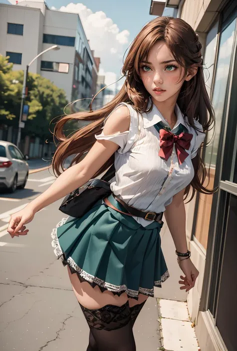 (masterpiece, best quality), 1girl,   <lora:lisara-nvwls-v1:0.8> lisara restall, sleeveless shirt, rose, frills, belt, black miniskirt, black thighhighs, lace trim, school uniform, serafuku, short sleeves, green skirt, pleated skirt, black thighhighs