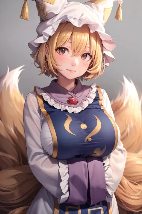 masterpiece, best quality,   <lora:ran:1>,1girl, yakumo ran, hat, solo, blonde hair, fox tail, tail, breasts, grey background, no headwear, tabard, short hair, blush, upper body, yellow eyes, multiple tails, large breasts, looking at viewer, simple backgro...