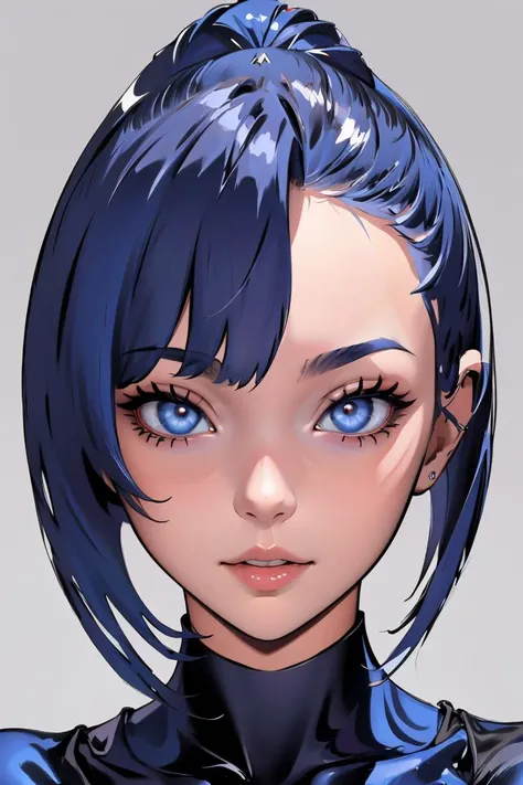 a close up of a person with blue hair and a black top