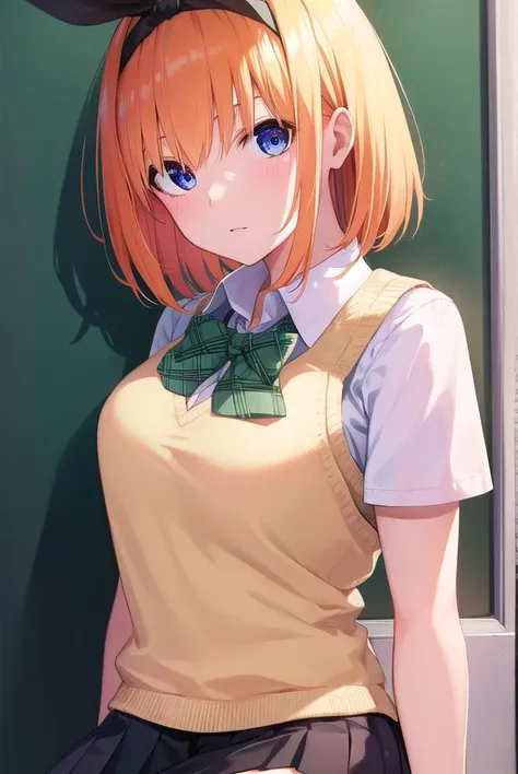 anime girl with orange hair and a bow tie standing in front of a green wall