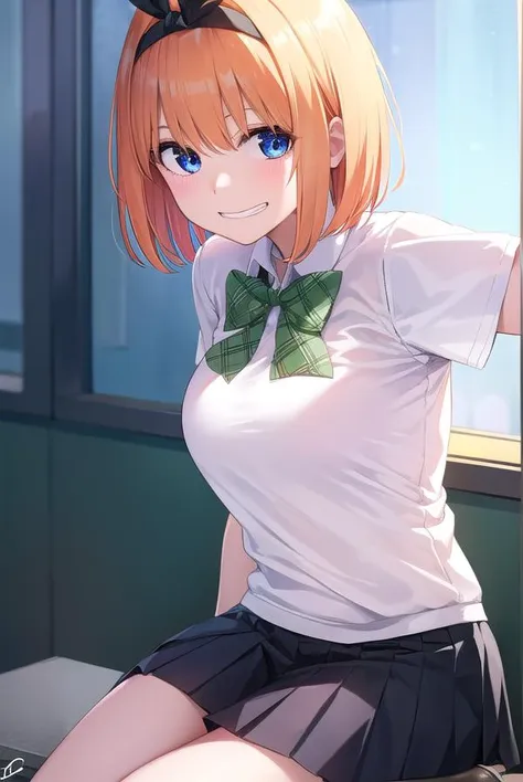 yotsubanakano, <lyco:yotsubanakano-lyco-nochekaiser:1>, 
yotsuba nakano, bangs, short hair, blue eyes, hair between eyes, hair ribbon, hairband, orange hair, green ribbon, <lora:talkmouth_I_v100:1>, smile,
BREAK skirt, shirt, bow, ribbon, school uniform, w...