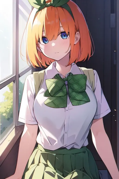 anime girl with red hair and green bow tie standing in front of window