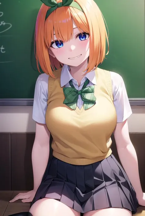 anime girl sitting in front of a blackboard with a green bow