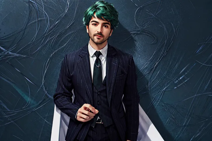 arafed man with green hair and a suit standing against a wall