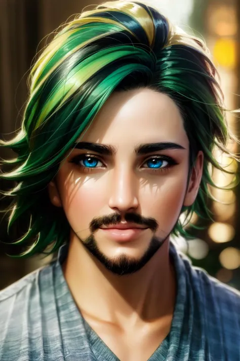 a man with green hair and blue eyes is staring at the camera