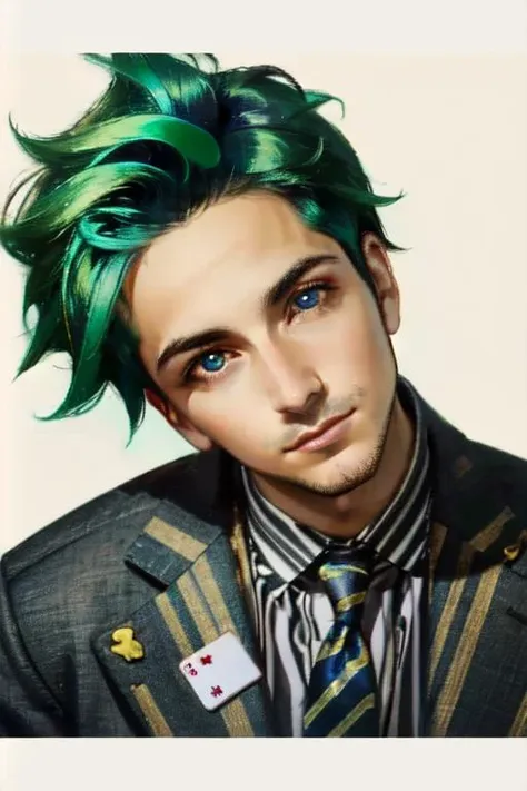 a close up of a man with green hair wearing a suit and tie